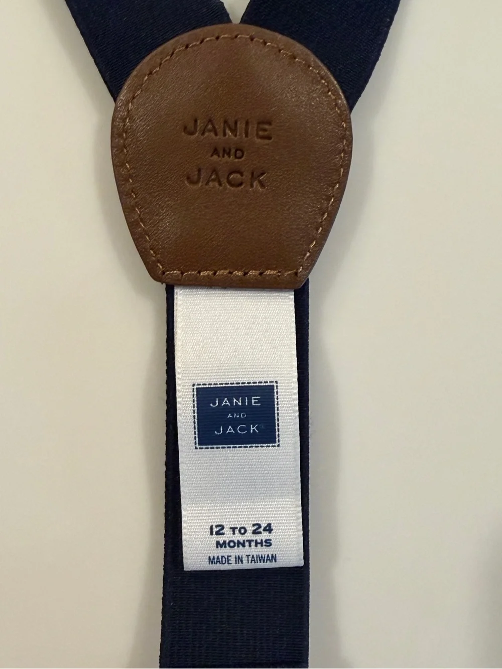 Boys Navy Elastic Suspenders with Brown Leather Accent